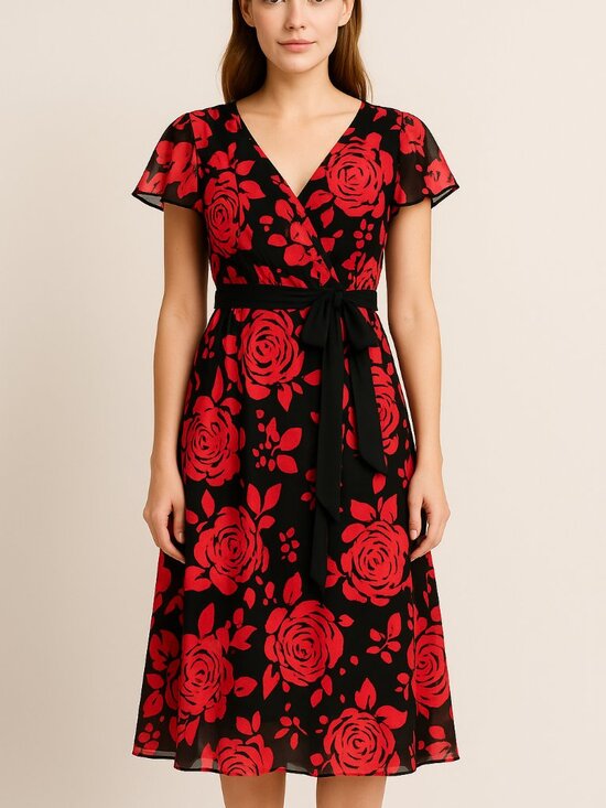 East 5th Red & Black Floral Chiffon Midi Dress Size 18 - Picture 1 of 13